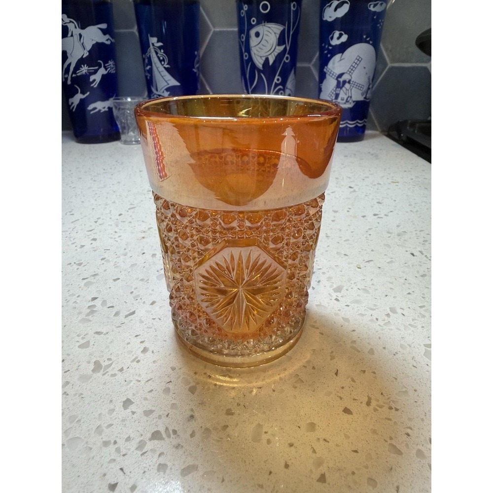 Imperial Gold Marigold Amelia Star Medallion Tumbler Mid Century Carnival Glass